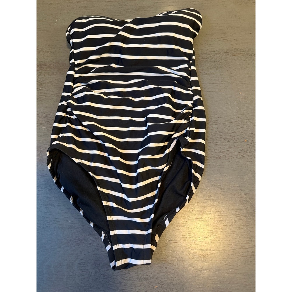 Kona Sol Womens Small Black White Striped Bandeau Ruched One Piece Swimsuit